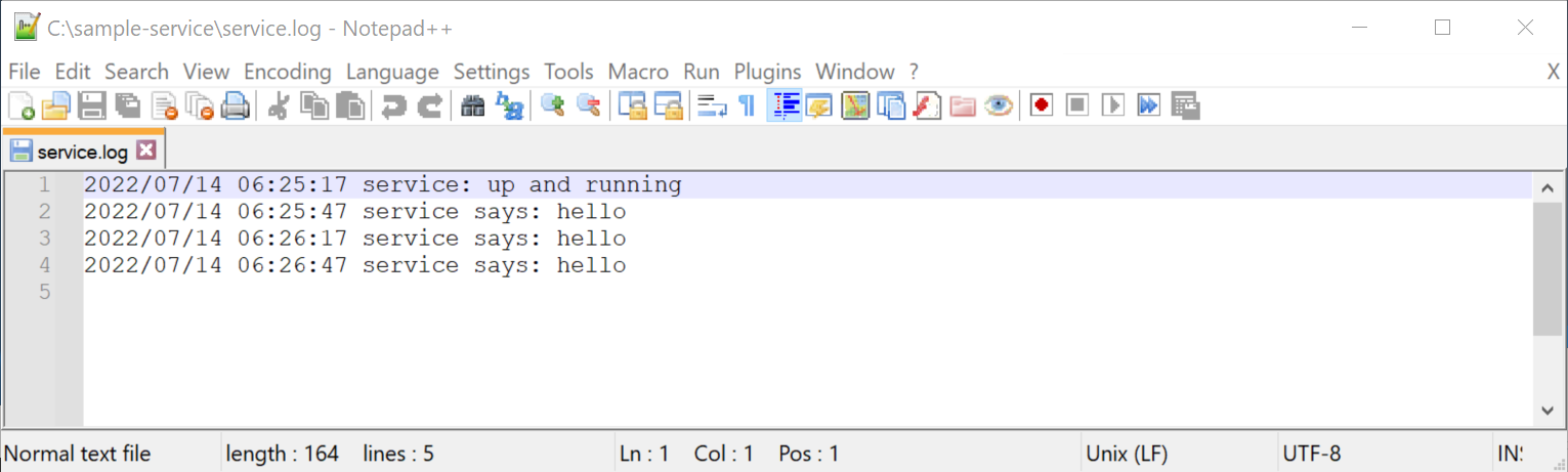 Notepad++ showing log messages from sample-service