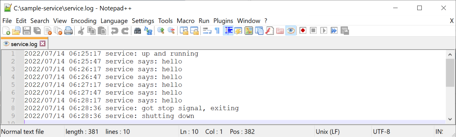 Notepad++ showing "shutting down" log message